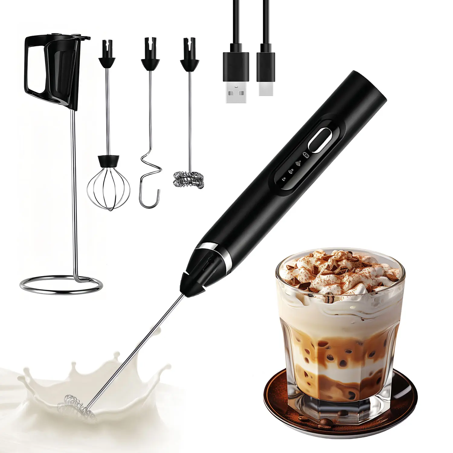 Rechargeable Milk Frother with 3 Whisks & 3 Speed Settings Electric Coffee Mixer with Stand for Lattes Cappuccinos Matcha and More Black Christmas Gift 2025 Upgraded Design