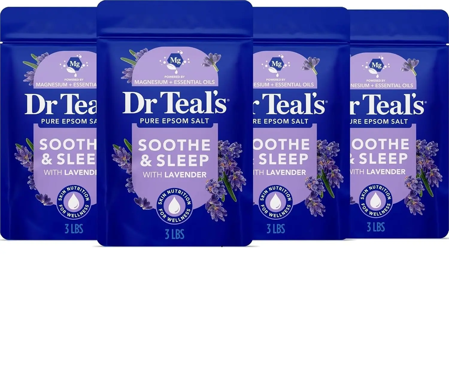 Dr Teal's Pure Epsom Magnesium Salt Soak, Soothe & Sleep with Lavender, 3 lb (Pack of 4)
