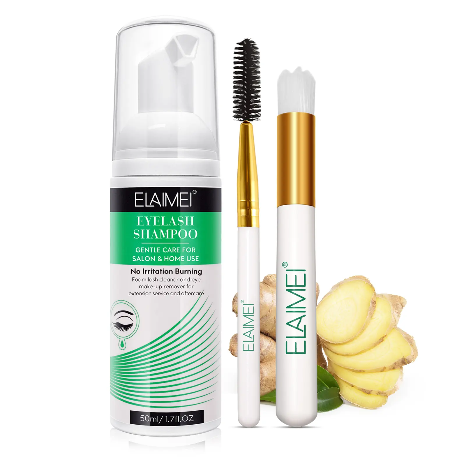 ELAIMEI Eyelash Extension Cleansing Foam Cleanser - 50ml Cosmetic Makeup Remover, Ginger Extract Formula, Non-Irritating Eyelid Wash for All Skin Types, Salon & Home Care
