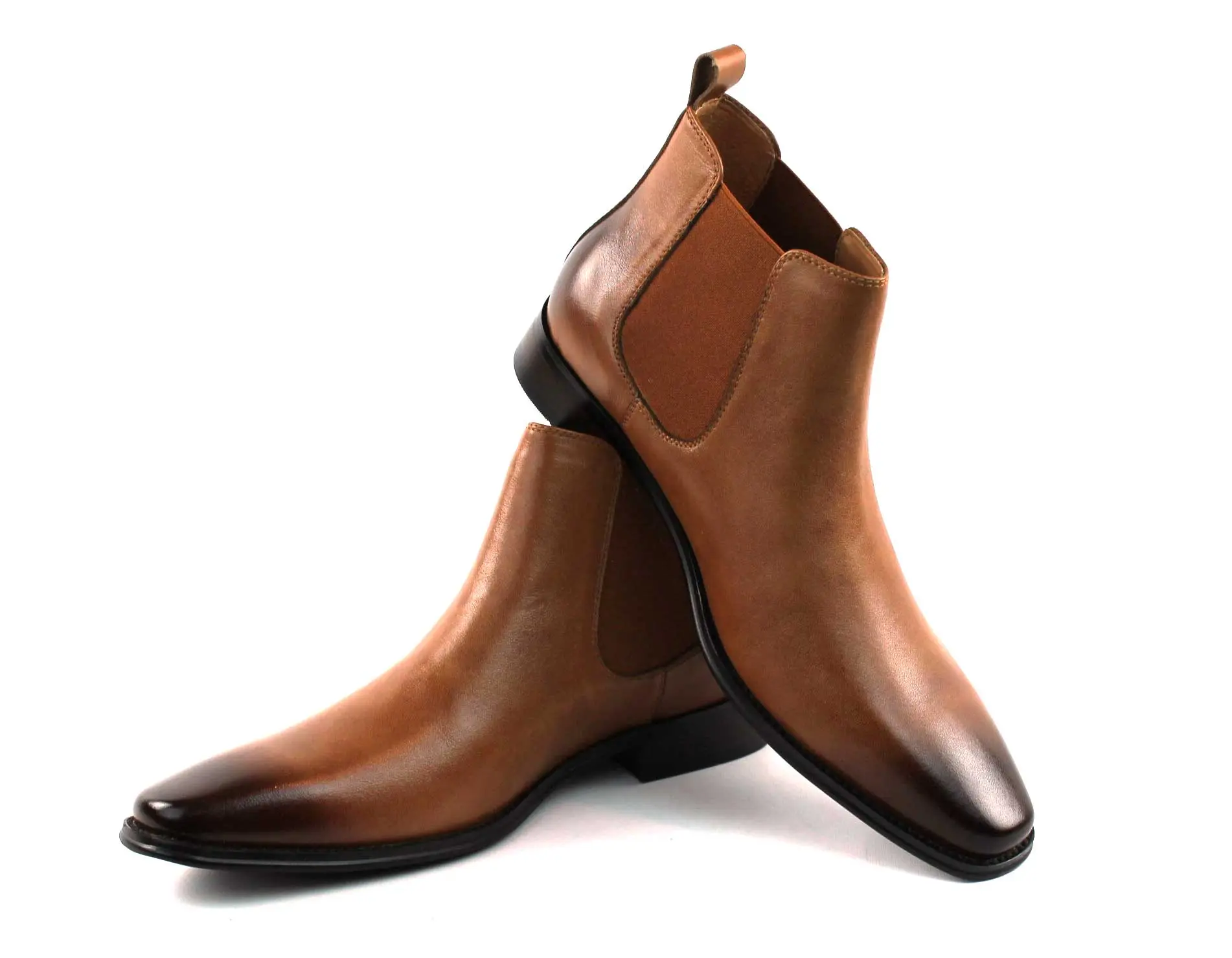 Men's Real Leather Cognac Chelsea Boots Ankle High Pull On Round Toe Slip Resistant Block Heel AZARMAN