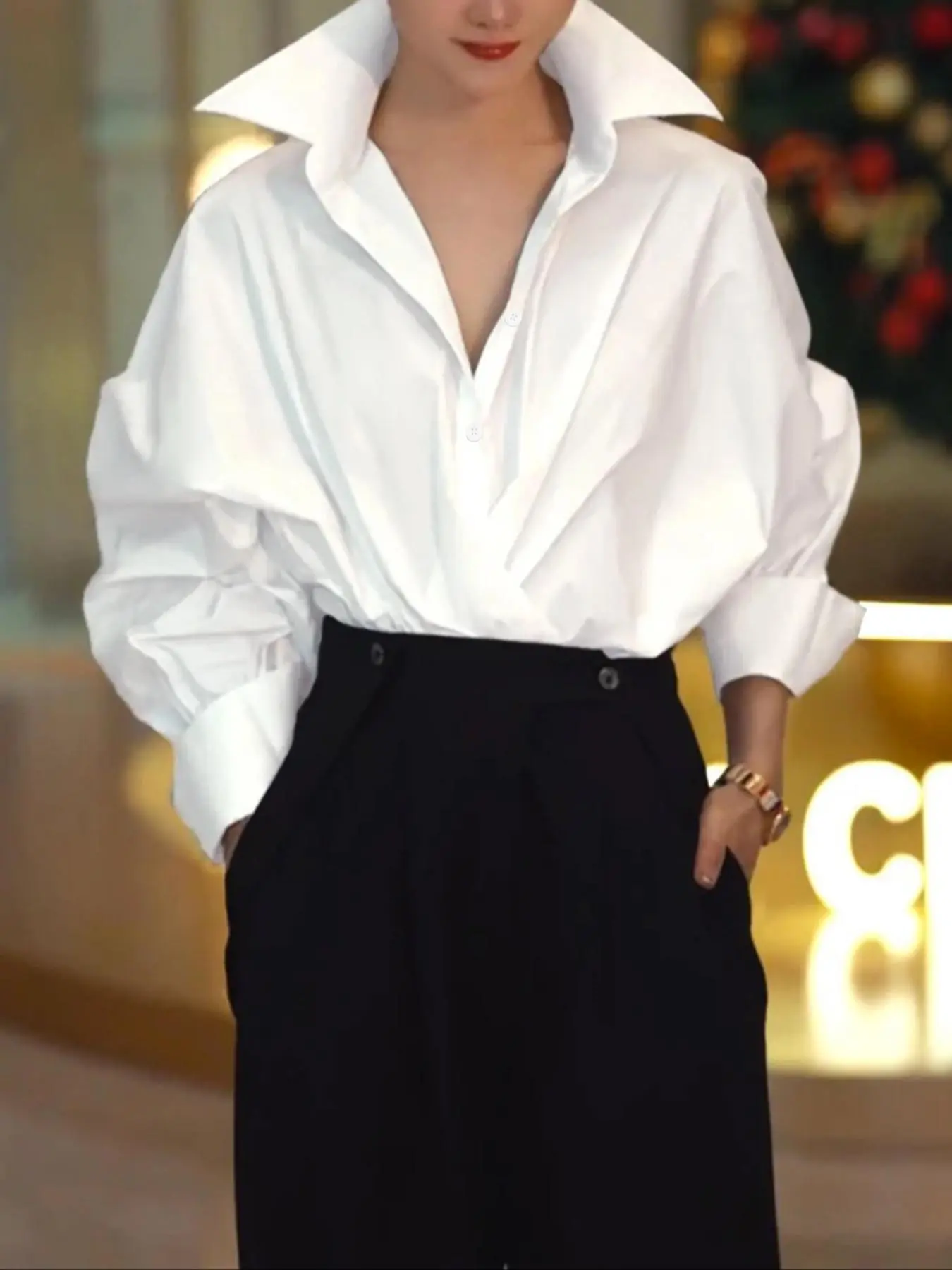 Women's Basic Plain Woven Batwing Sleeve Button Front Shirt Blouses, Loose Fit Casual Long Sleeve Collared Top for Spring & Fall, Ladies Clothes for Everyday Wear