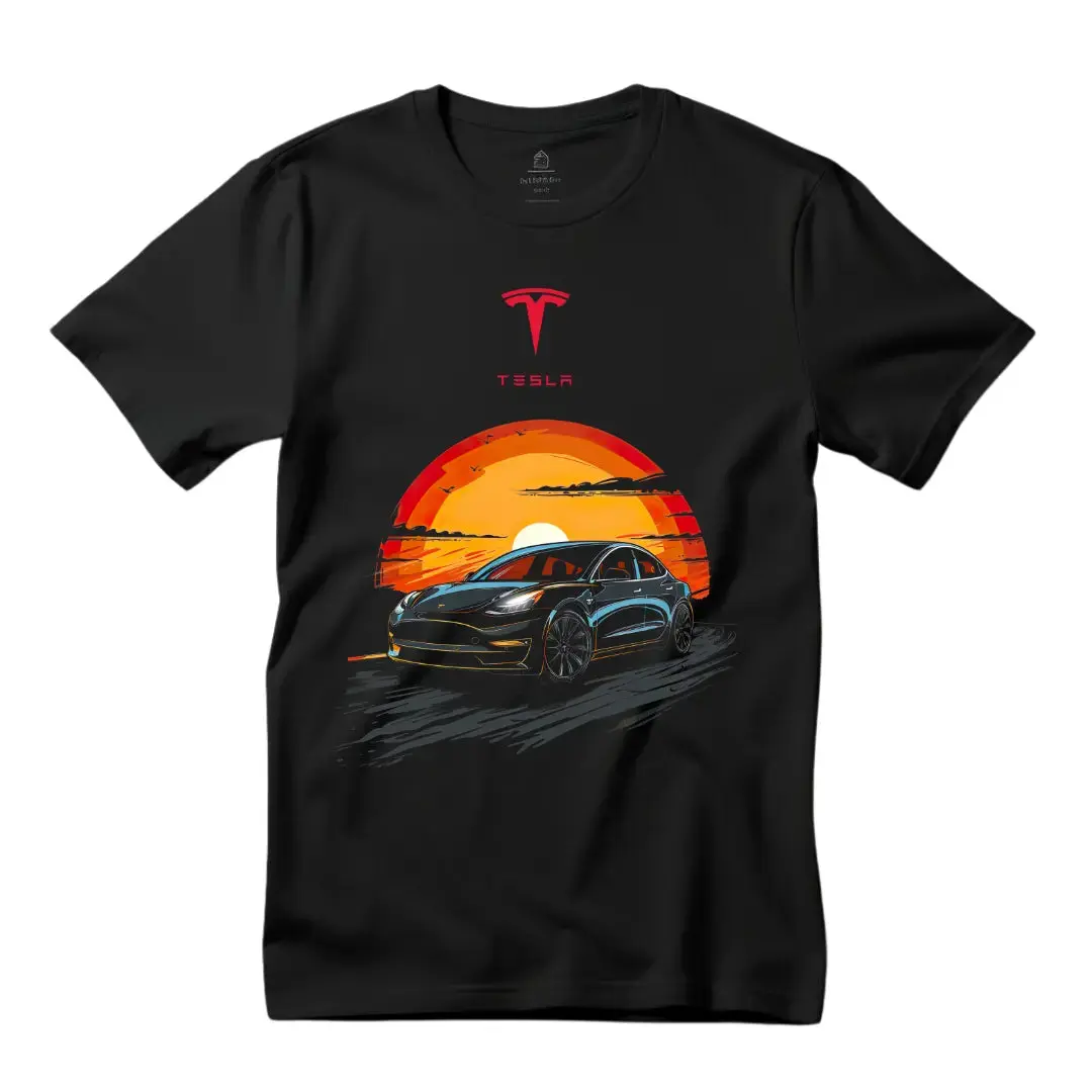 Black Threadz Men's Short-Sleeve, Round-Neck, Casual Streetwear Graphic T-Shirt - Sleek Top Featuring Tesla Model Y Sunset Scene Design