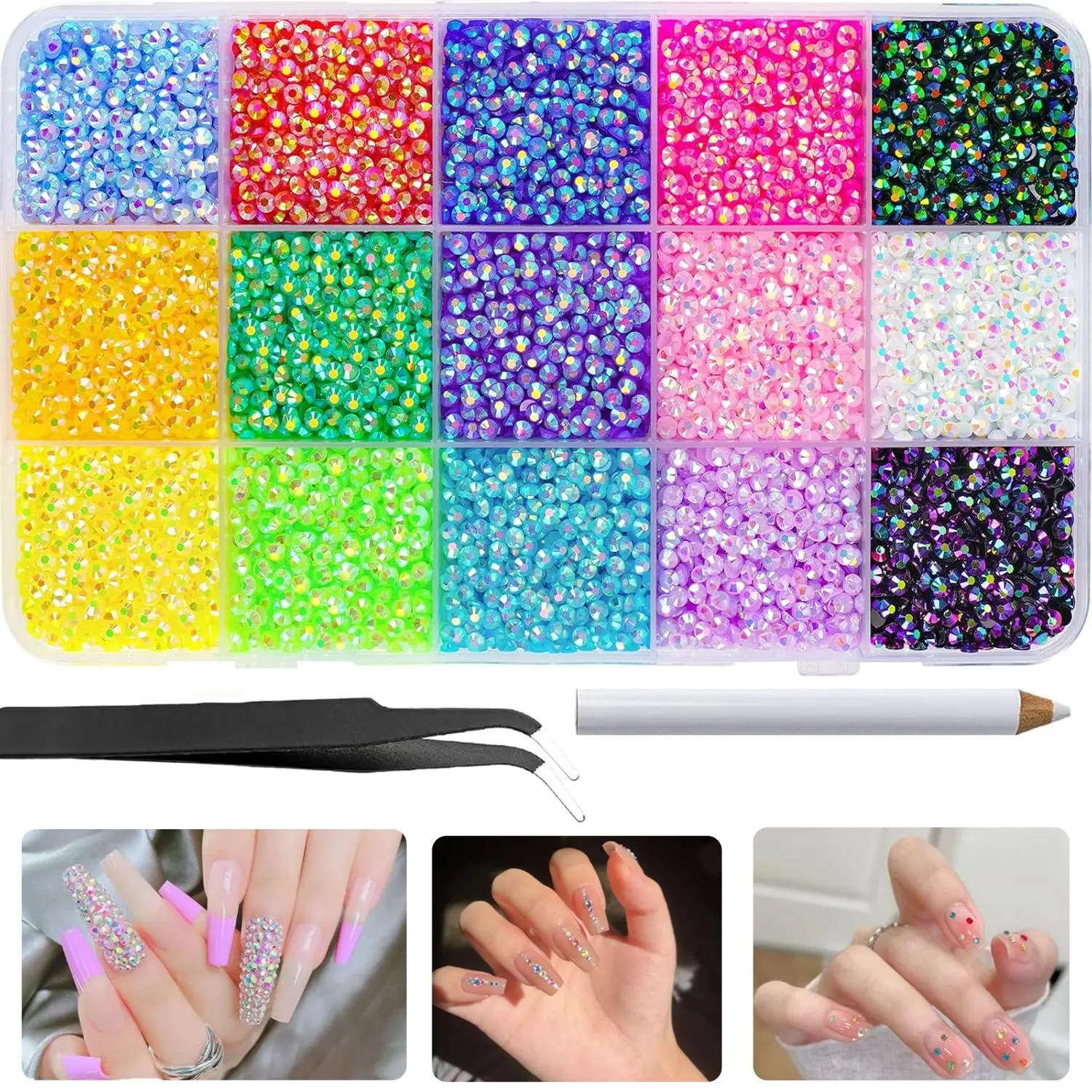 15-Grid Pack Rainbow Resin Beads (15000 Pcs) - Neon Bright Tones, Reflective, AB Iridescent, Bling Effect, Brilliant Luster, for Jewelry Making, Beads Making, Crafting, Makeup Decoration, Needlework Supplies