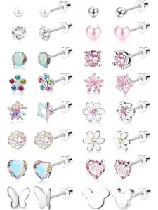 16 Pairs Hypoallergenic Screw Back Earrings for Women Girls 316L Stainless Steel CZ Ball Heart Flower Screwback Flat Back Stud Earrings Jewelry Gift Women Multicolored Pink