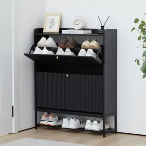 GiratreeFurniture Fluted Shoe Cabinet with 2 Flip Drawers, Modern Slim Shoe Storage Organizer, Narrow Entryway Shoe Rack, Tipping Shoe Cabinet with Metal Legs for Heels, Boots, Slippers in Entrance