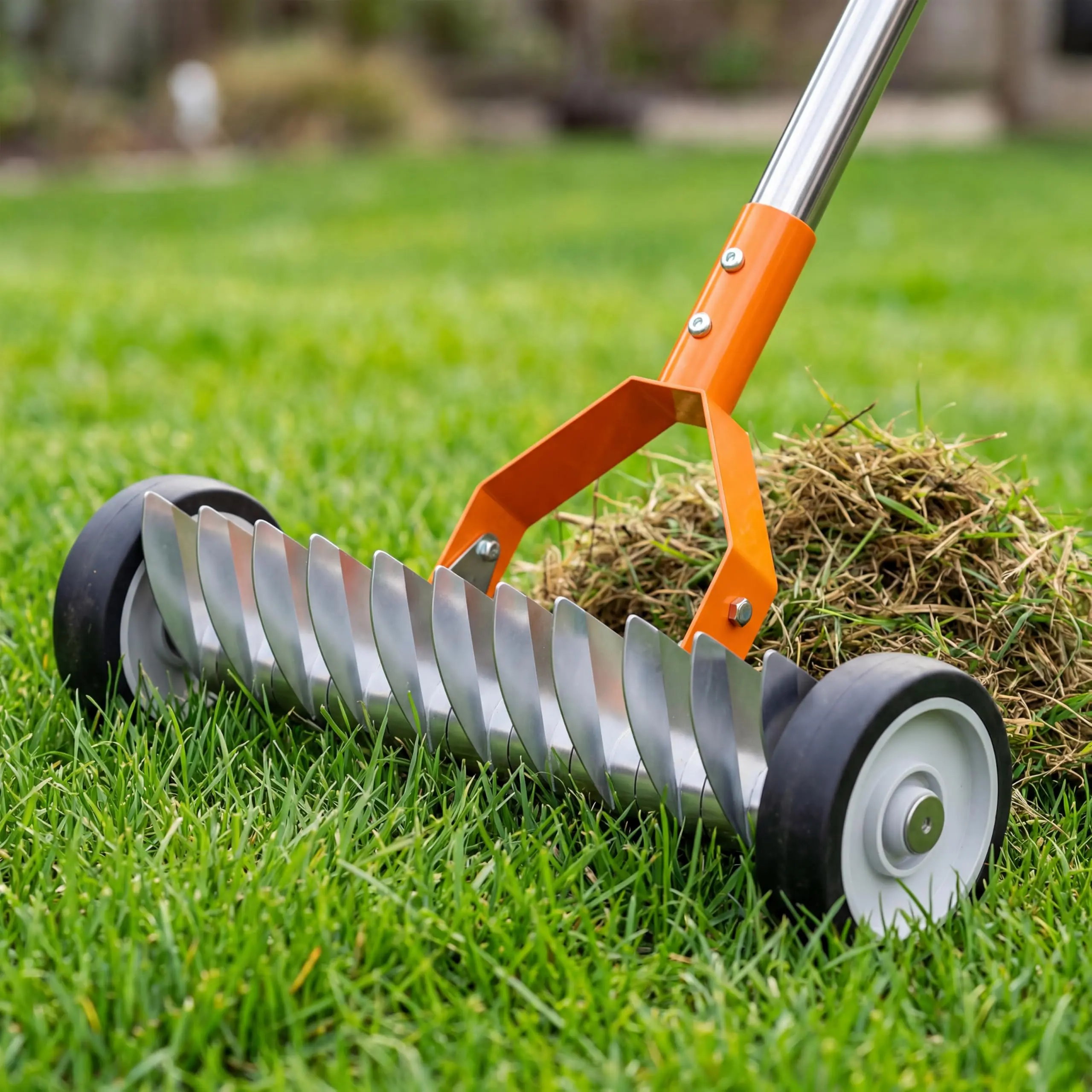 15-Inch Heavy-Duty Rolling Lawn Dethatcher Rake with Wheels, for Removing Dead Grass, Moss, and Yard Debris