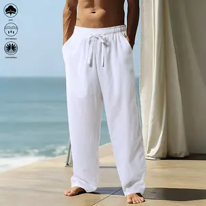 Men’s pure cotton linen casual athletic pants—beach jogging shorts with a solid color, drawstring elastic waistband, and straight cut; perfect for leisure outings and vacations.