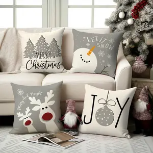 4pcs Christmas Pillow Cover 18x18 inches, Christmas tree, cartoon snowman, snowflake print sofa Creative Decorative Cushion cover, suitable for Christmas party rooms, living rooms, sofas, bedrooms, car seats decorative pillow cover (without pillow core)