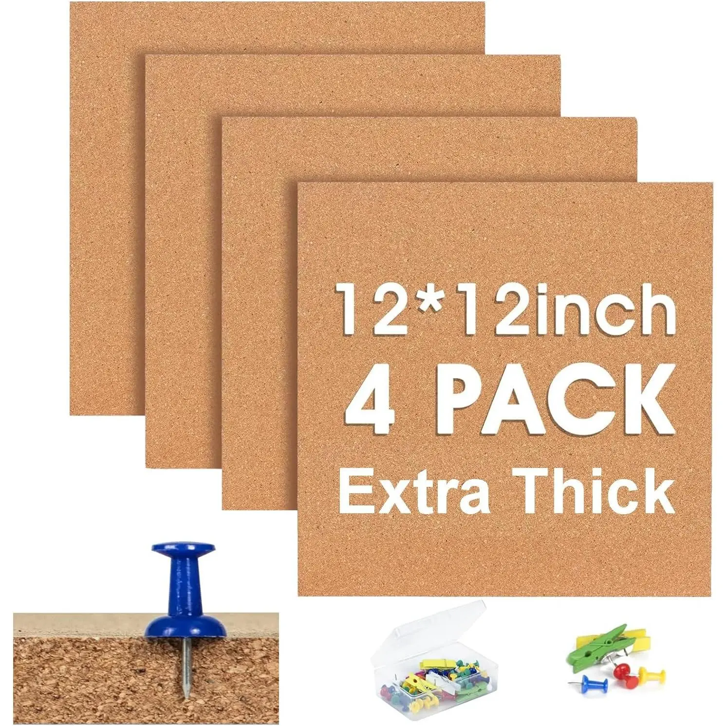 Cork Bulletin Square Board for Walls -  4 Pack Extra Thick 12x12 Inches Cork Board Tiles for  Office Decor, Cork Sheet,School Message Board Decorative Display Boards
