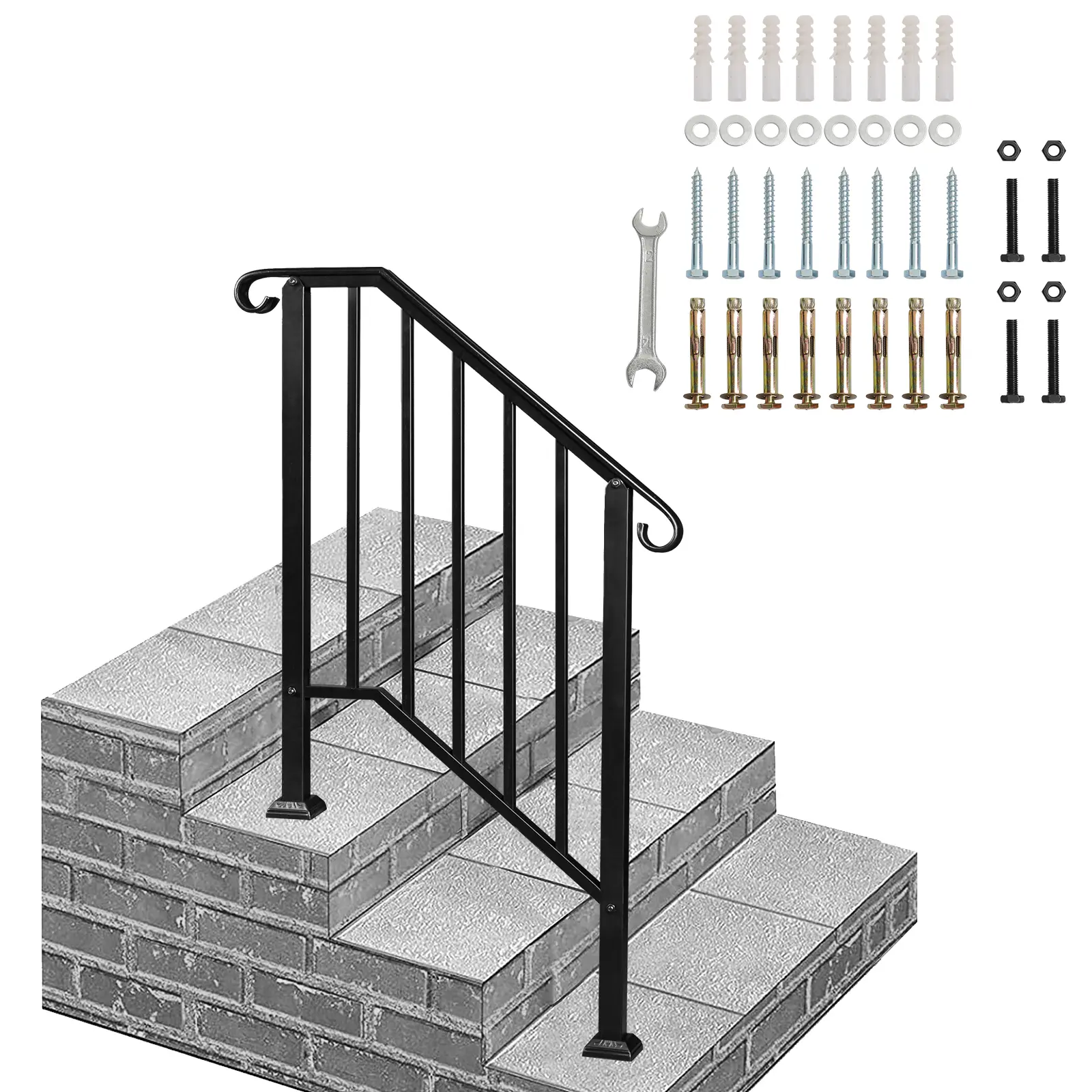Matte Black 2-Step Iron Outdoor Handrail, Durable Iron Construction, Sleek Modern Design, Ideal for Patios, Decks, Two Step