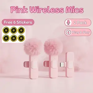 Pink wireless clip-on mic—2-pack. Apple & Android compatible. Plug and play! Smart noise cancellation. Ideal for vlogs, interviews, podcasts, TikTok. Solo or duo recording. Easy to use, great sound!