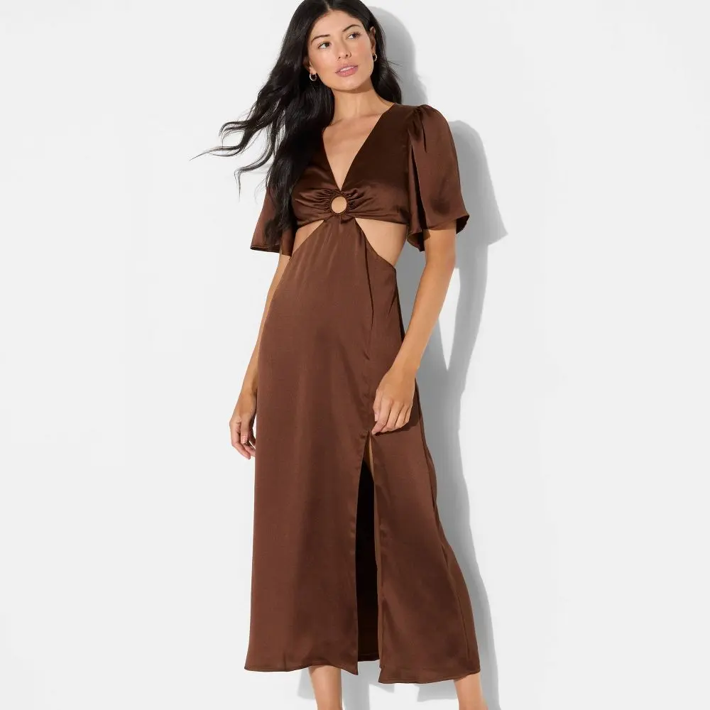 Women's Flutter Sleeve Satin Cap Maxi Bodycon Dress - Wild Fable