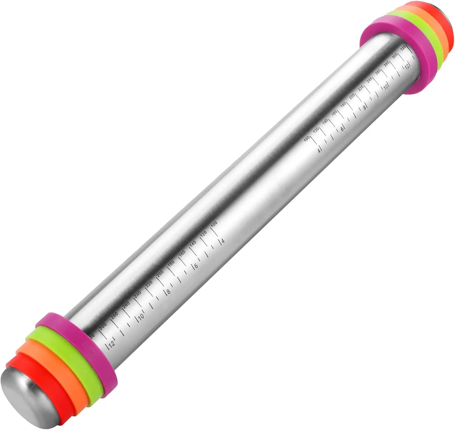 Stainless Steel Rolling Pin with Adjustable Thickness Rings - 4 Interchangeable Sizing Bands for Dumplings/Pasta/Cookies - Nonstick Kitchen Baking Tool (Rolling pin with color thickness rings)
