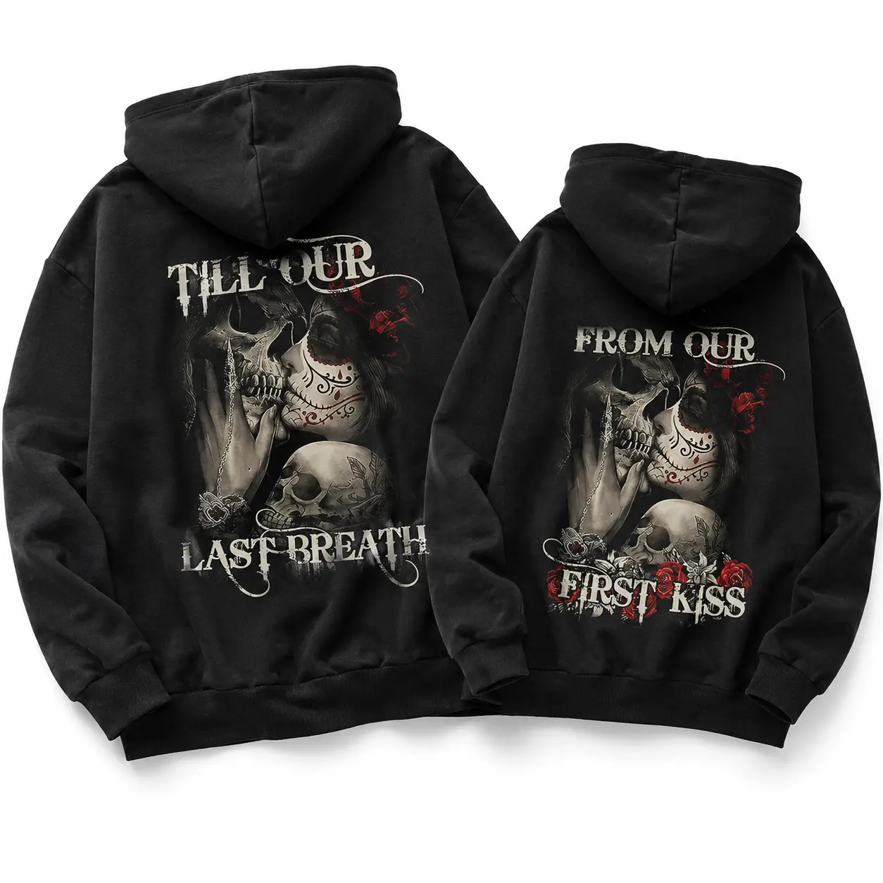 Cotton Skull And Rose Couple Pullover Hoodies, "From Our First Kiss Till Our Last Breath" Graphic Matching Casual Outfits, Ideal Gift for Men & Women (Casual Hoodies & Sweatshirts)