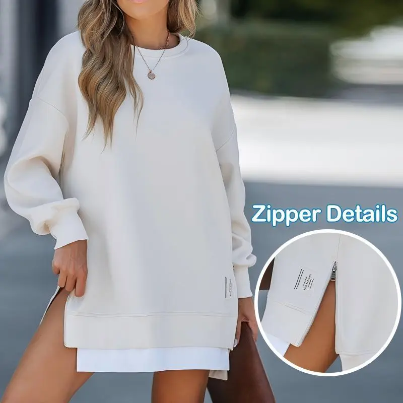 Maomous Women's Casual Long Sleeve Sweatshirt Dress, Lightweight Cotton Blend Pullover with a Side Slit, Casual Fashion Sweatshirt, Invisible Zip Up, Lightweight Sweatshirt
