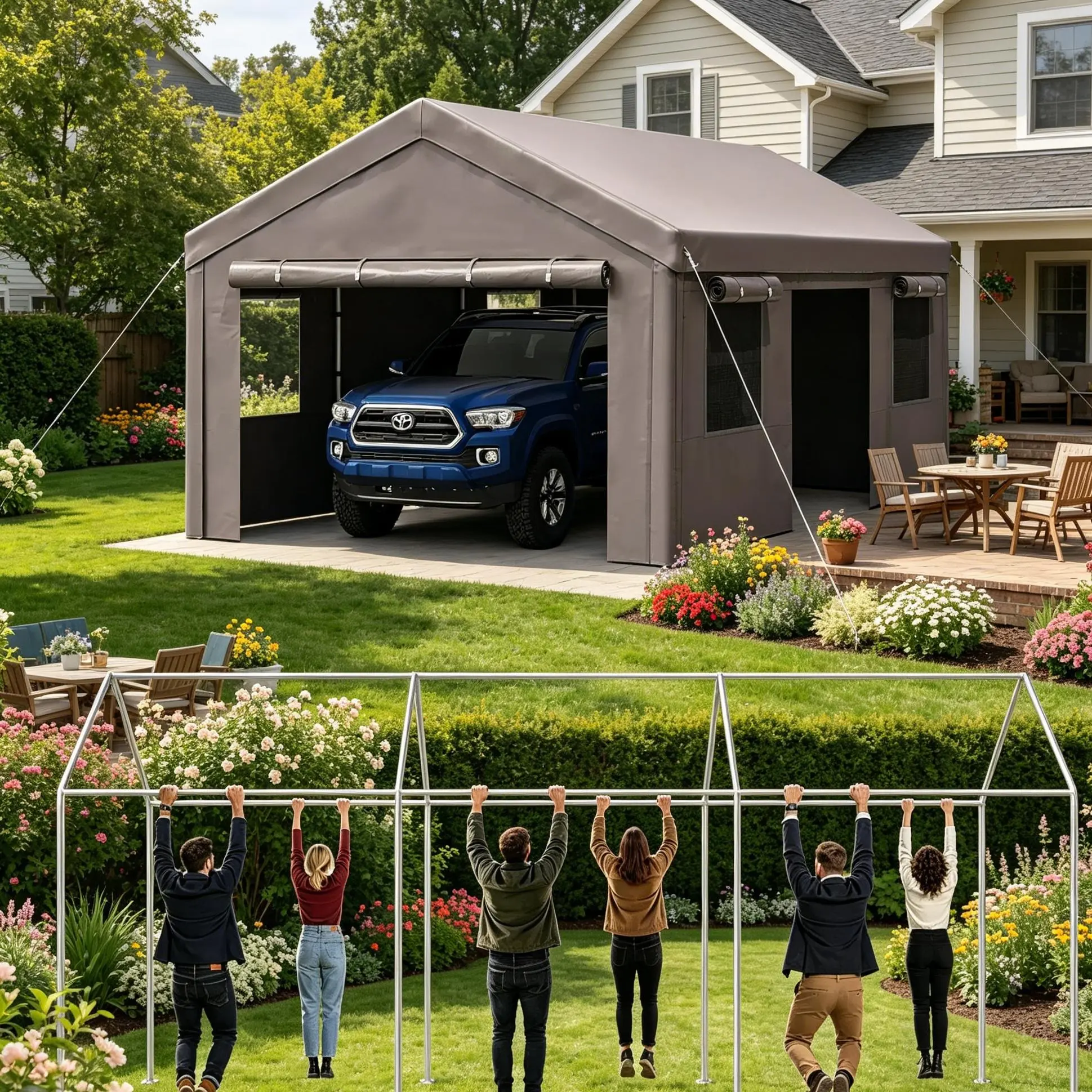 Aoxun 12x20ft Heavy-Duty Car Canopy Cover, Foldable Portable Garage with Sidewalls & Side Roll-Up Door, Water Resistant Outdoor Protector for Vehicles (30-Day Guarantee, Gray)