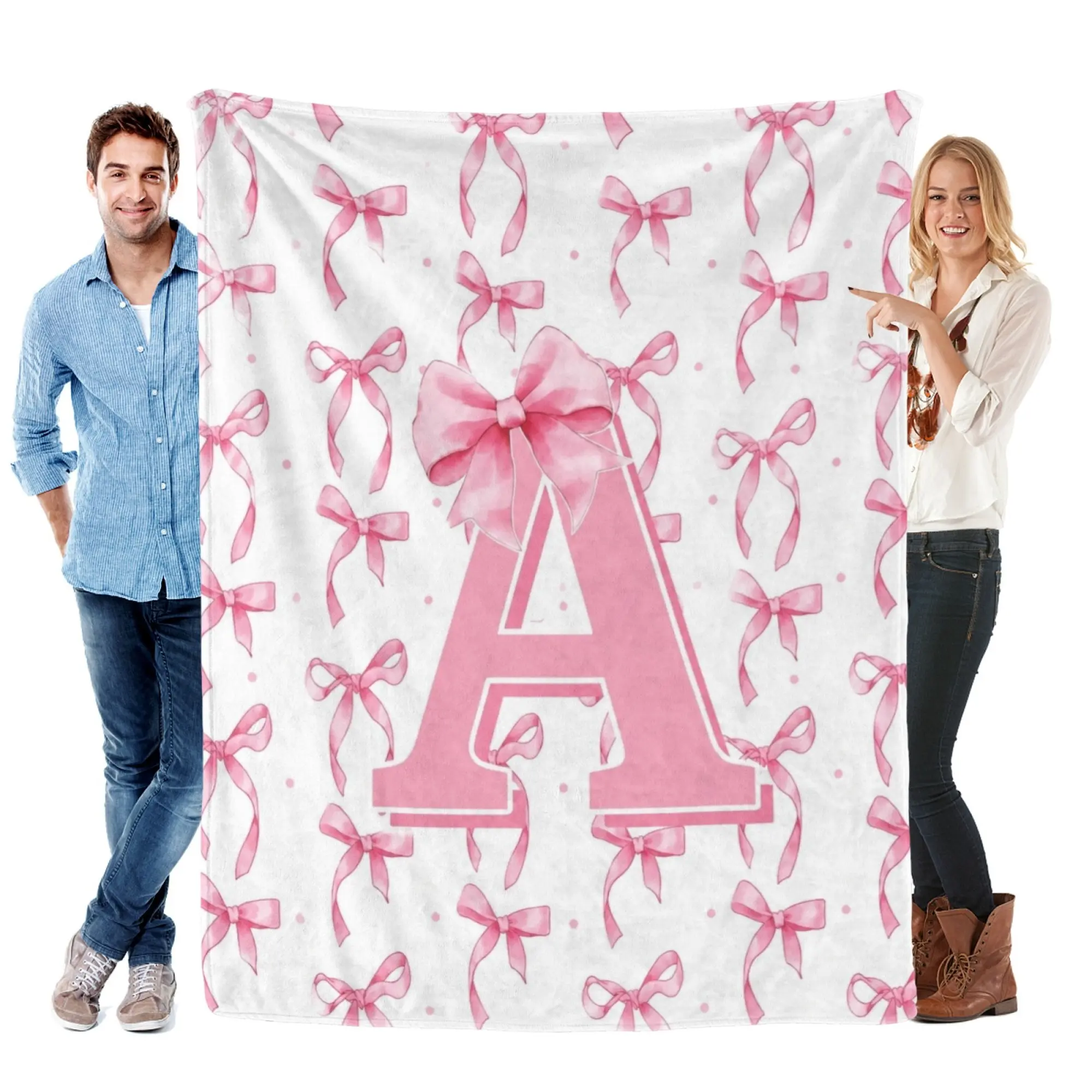 Custom Initial Letter A Pink Watercolor Bow Flannel Throw Blanket White Background Cute Ribbon Pattern, Ultra Soft Light Cozy Blanket, Bedroom Dorm Aesthetic Decor, Personalized Birthday Gift For Girls Women