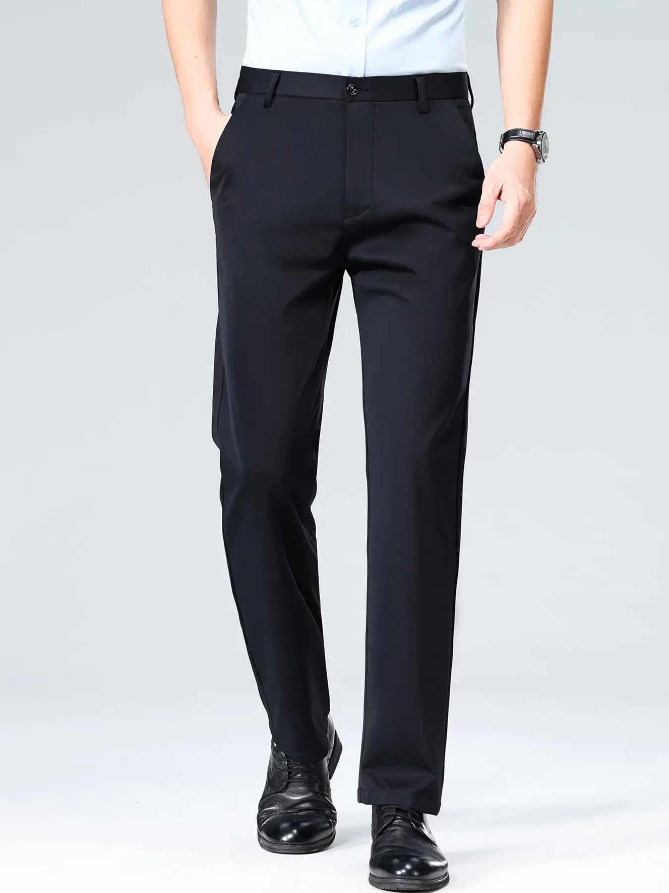 Men's Summer Thin Business Casual Pants, Loose Straight Leg Pure Color Embroidered Formal Pants, Elastic Waist Comfortable Trousers Formal Wear, Menswear