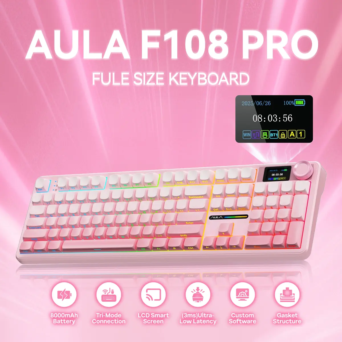 FLASH SALE AULA F108 Pro Tri-Mode Wireless Mechanical Keyboard - Hot Swappable RGB Backlit Smart Screen Knob Full Size 108 Keys USB-C Bluetooth 2.4GHz for Gaming & Office Computer Accessories