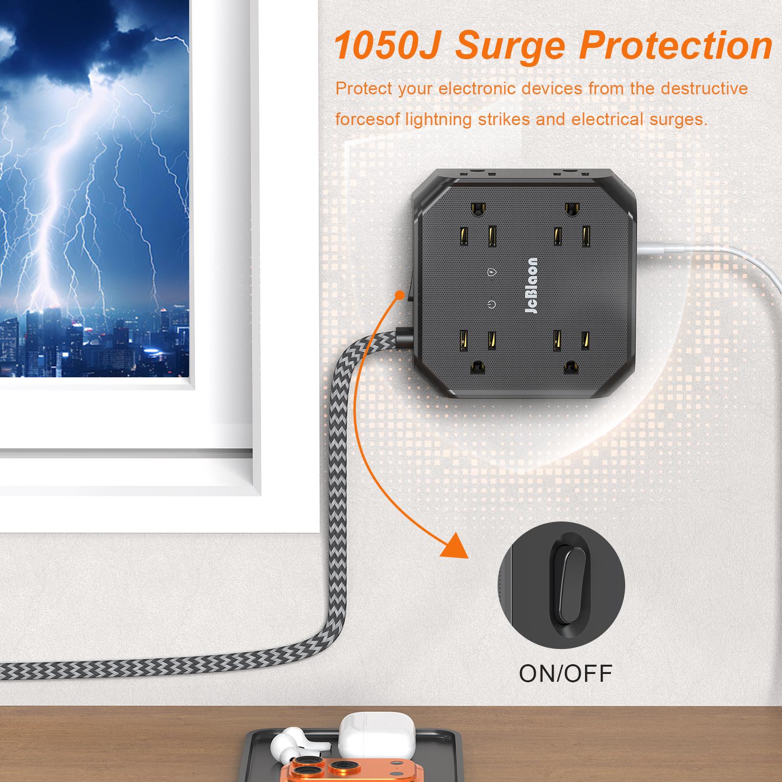 ETL-Certified Surge Protector Power Strip - 10FT/15FT Braided Extension Cord, 3-Sided Square Shape Outlet Extender, 8 Outlets & 4 USB Ports (2 USB-C) for Home Office, Black