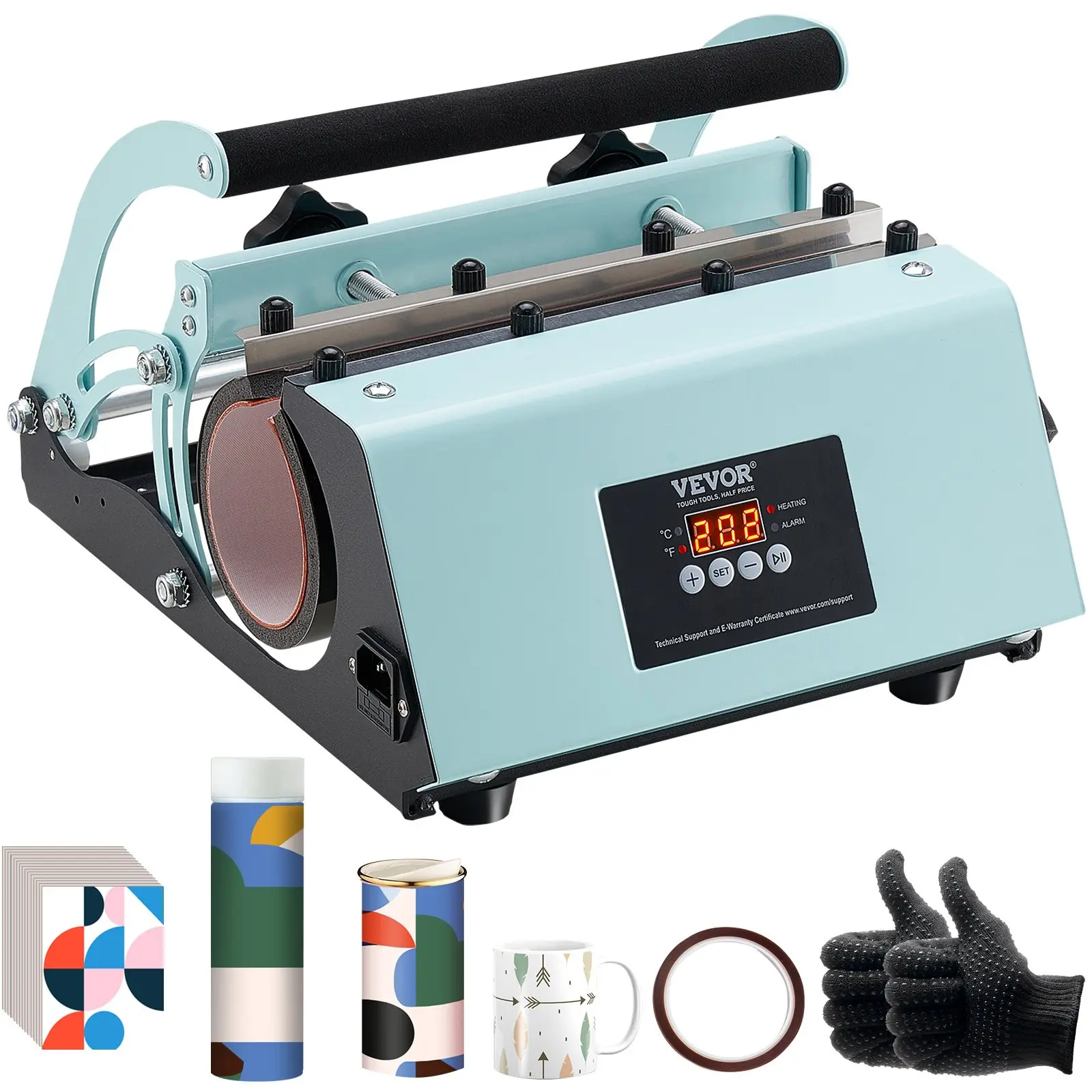 【Summerfinds】VEVOR Sublimation Heat Transfer Printing Kit with Heat Printing Press, 11-30oz Tumbler Press, Fast & Even Heating, Temp & Time Setting, Includes Sublimation Paper, Tape & Gloves, for Cups & Mugs, Green, Sublimation Kit