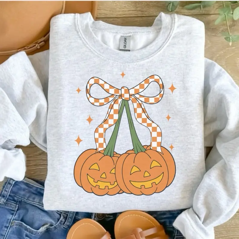 Checkered Bow Pumpkins Sweatshirt - Ash Grey - Halloween Sweatshirt Cotton Fabric