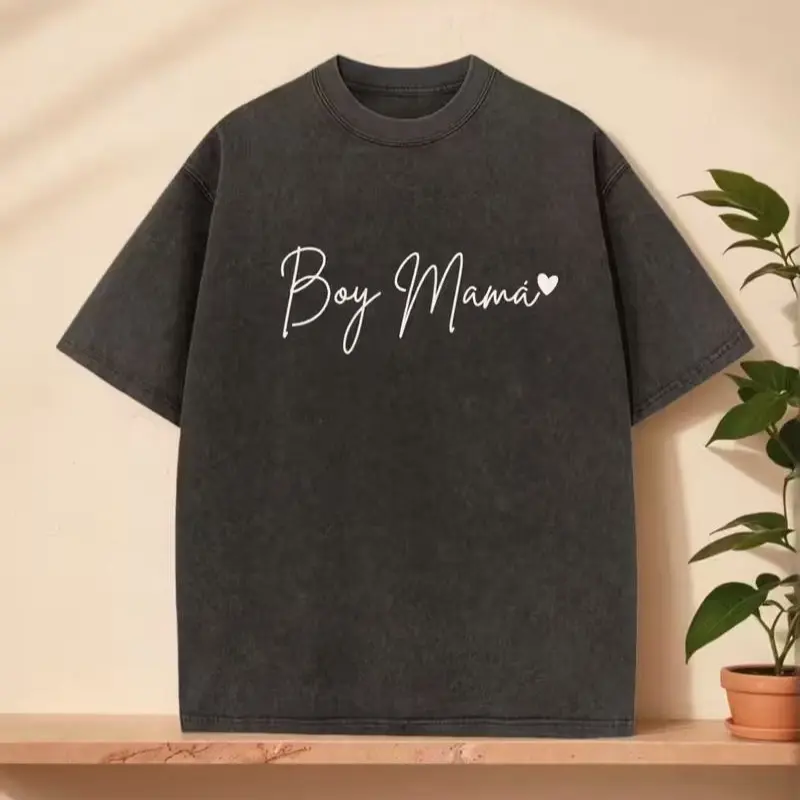 Women's Soft Oversized Fit Washed Cotton Crew Neck Short Sleeve T-Shirt, Mum-Focused "Boy Mama" Statement Tee with Heart Accent - Black, Shortsleeve, Top, Tshirt