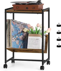 Record Player Stand Industrial Record Player Table with Album Storage Shelf, Turntable Stand with Wheels Vinyl Record Holder Cabinet for Living Room Office, Rustic Brown