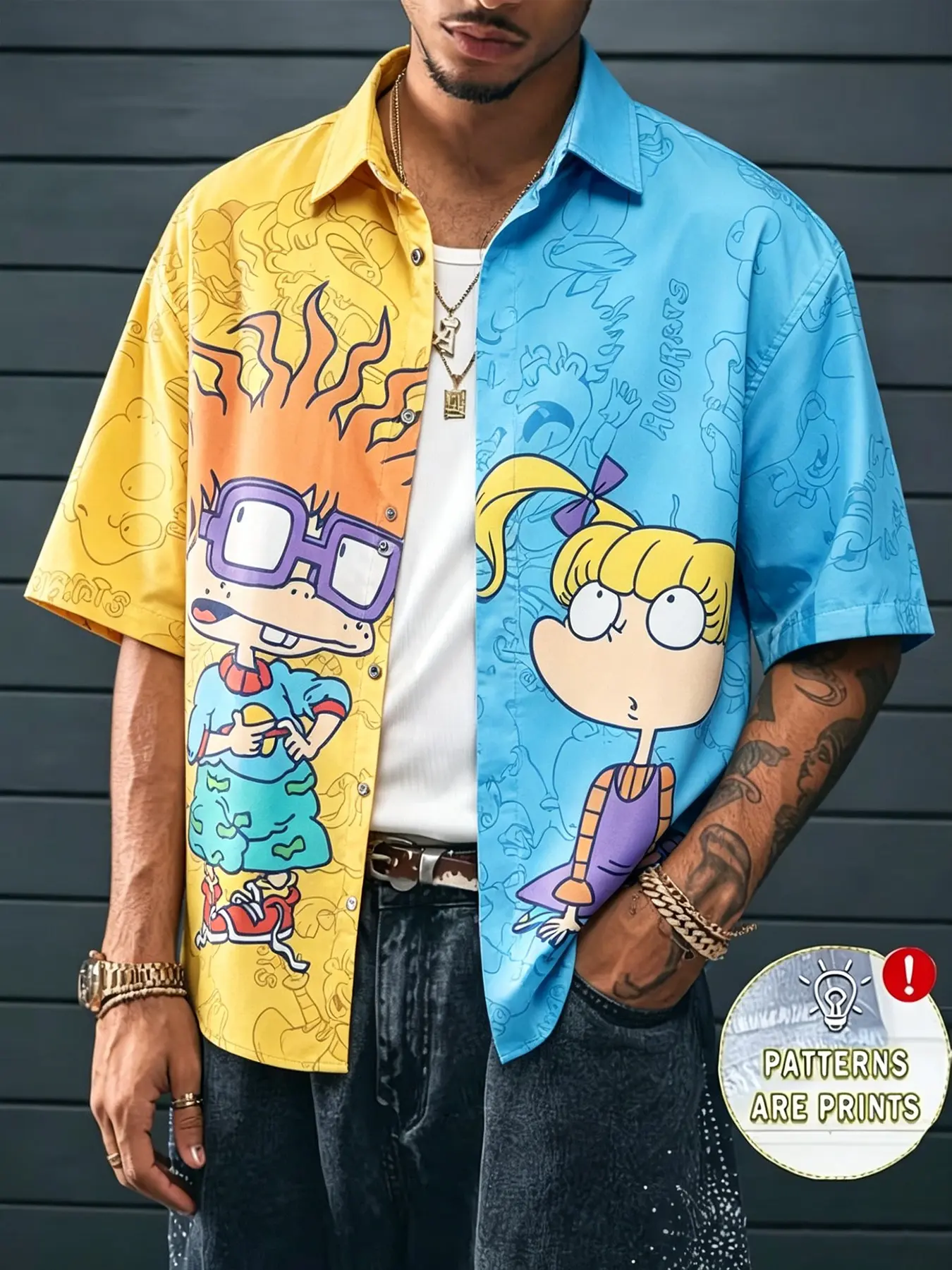 Men's Rugrats Cartoon Colorblock Short Sleeve Shirt, Color Block Shirts, Blue American Retro Loose Open Front, Summer Streetwear Fun Graphic Print Casual Top, Flame, Casual Printed Menswear