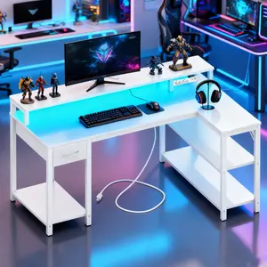 Mr IRONSTONE 53 inch L Shaped Gaming Desk with LED Lights & Power Outlets, Computer Desk with Shelves & Monitor Stand, Corner Desk with Drawer, for Home & Office, Black and white