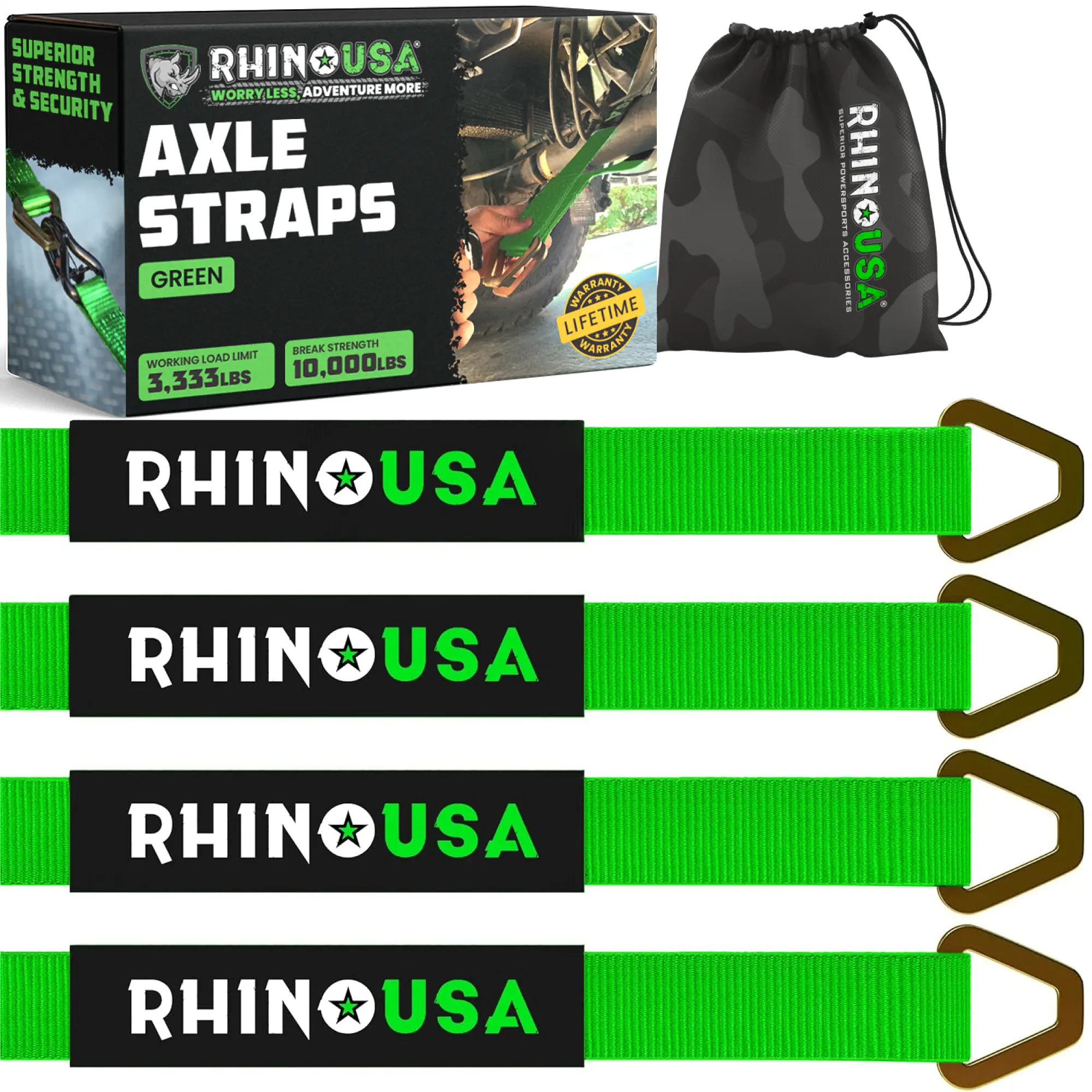 Rhino USA Axle Tie Down Straps, Lab Inspected 11,128lb Break Strength, Heavy Duty Protective Sleeve & D Ring for Car Engine Hoist, Truck & More 4 Pack