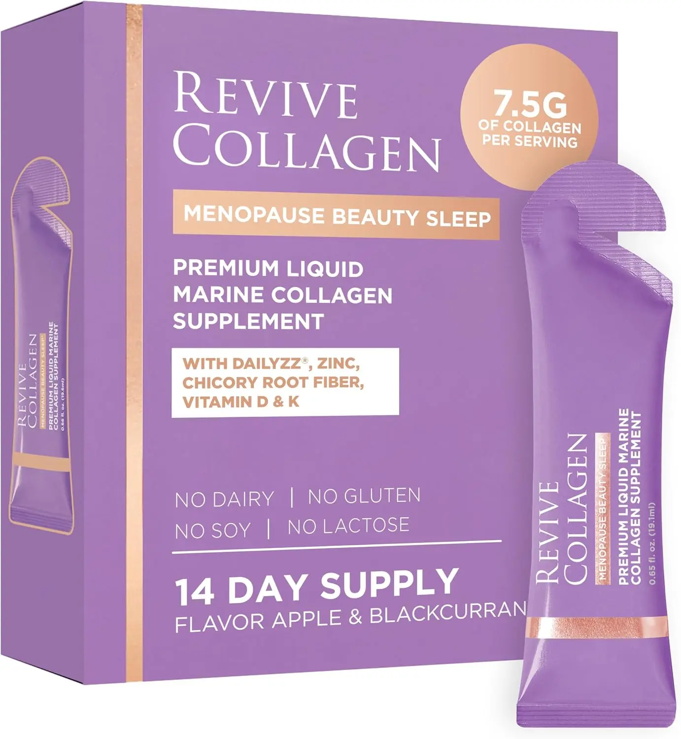 Revive Collagen Menopause Beauty Sleep — Hydrolyzed Marine Collagen Drink for Women, 7,500MG, Zinc, Chicory Root Fiber, Vitamin D & K, Supports Sleep Quality, Apple & Blackcurrant Flavour — 14 Sachets