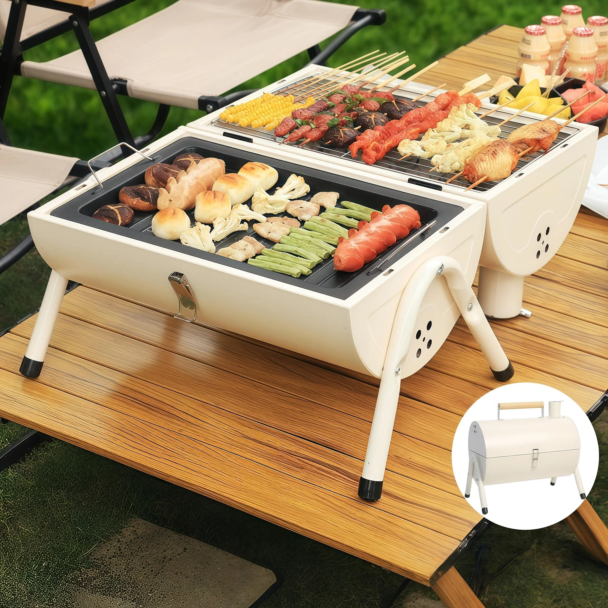 11-in-1 Double-sided Portable Charcoal Grill with Smoker Function，Spit Roast Shovel Fork Grill & Heat Resistant Clip，or Outdoor Cooking Backyard Camping Picnic Beach, Multi-Person  DualPurpose BBQ camp stove ，2 Carbon trough, 2 Baking Net,1 Baking Pan