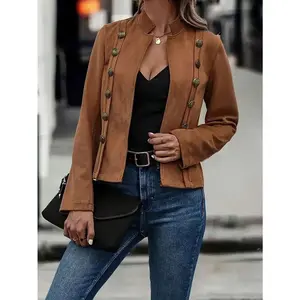 The New Fall/Winter Women's Fashionable Coat in Blue Polyester Fabric - Slim Fit Stand Collar Button-Up Jacket for Various Occasions
