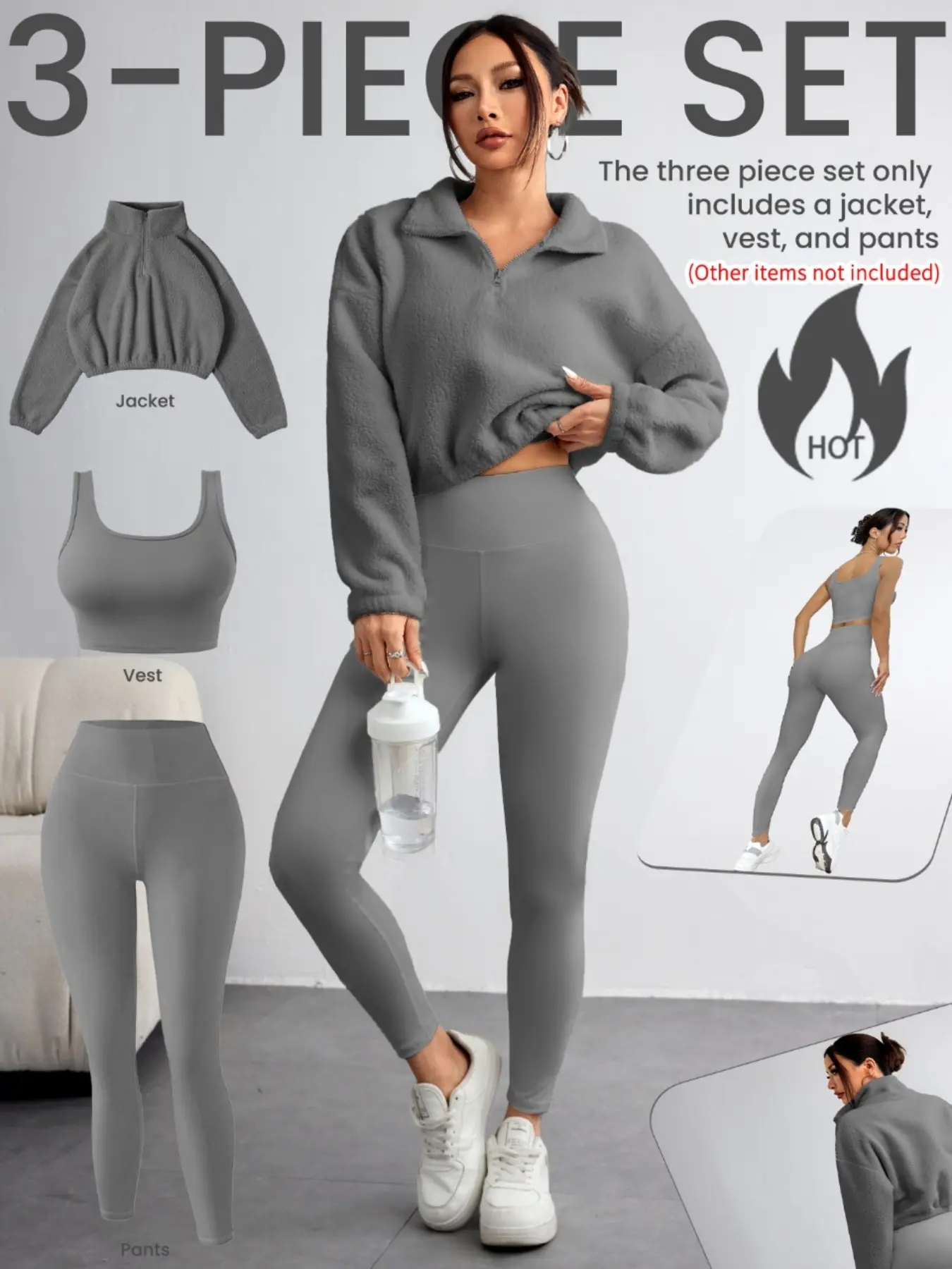 Women's Solid Zip Up Crop Pullover & Tank Top & Legging Three-piece Set, Casual Sporty Outfits for Yoga Gym Workout Running, Women's Sportswear for Fall & Winter, Gym Clothes Set, Gym Sets, Sports Clothing Set, Exercise Clothing Set