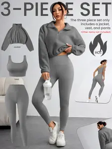 Women's Solid Zip Up Crop Pullover & Tank Top & Legging Three-piece Set, Casual Sporty Outfits for Yoga Gym Workout Running, Women's Sportswear for Fall & Winter, Gym Clothes Set, Gym Sets