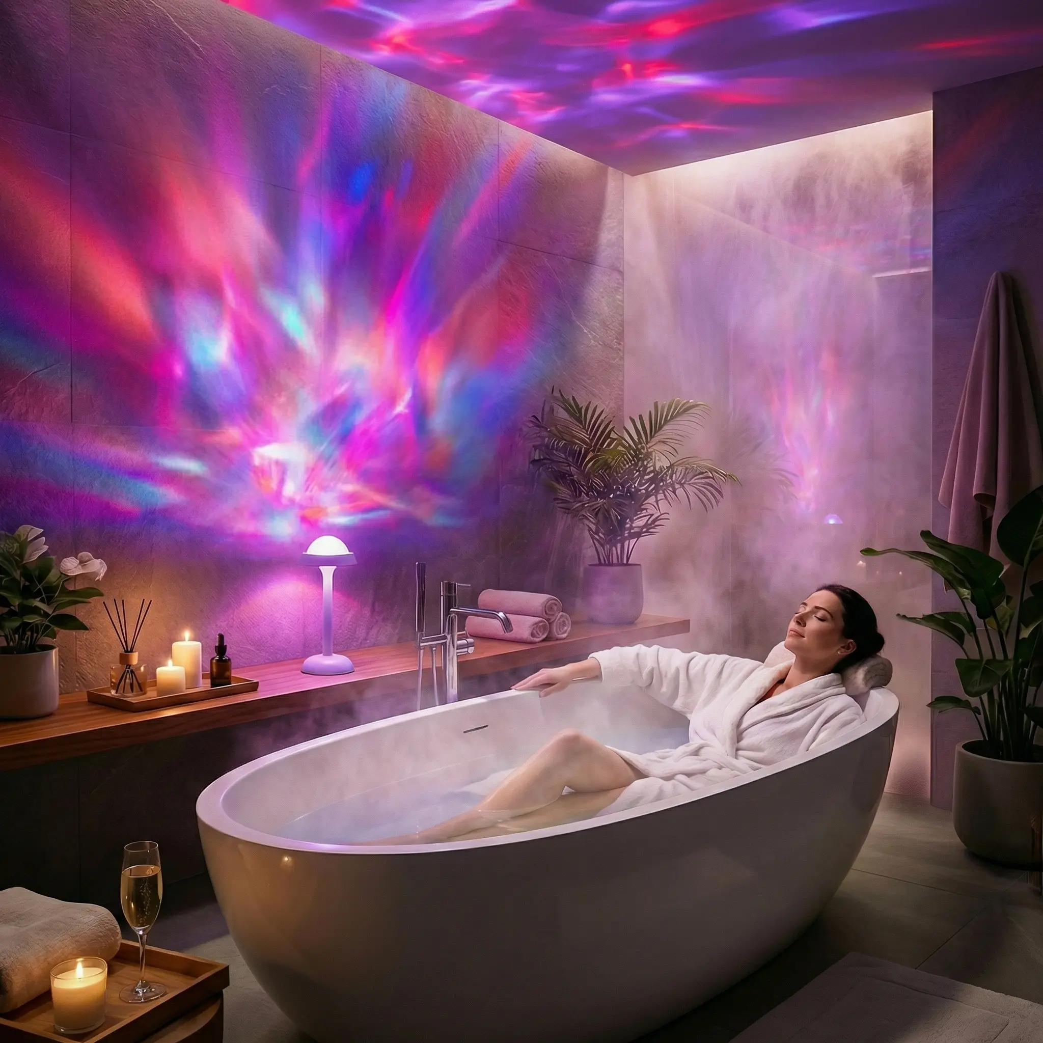 Waterproof 2-in-1 Shower Lamp – Ocean Wave Ambient Light & Projection Lamp, USB Rechargeable Bathroom Spa Night Light