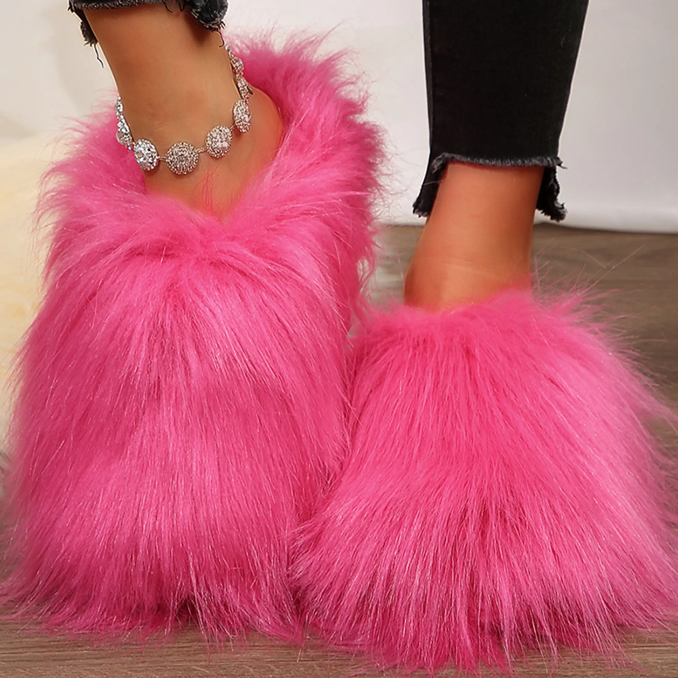 Women's Faux Fluffy Slip On Slip Slipper Fuzzy Round Toe Comfortable Bedroom Slipper Thick Plush Casual Indoor Outdoor Shoes Springfresh