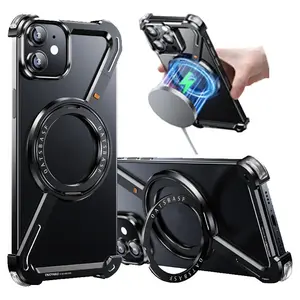 Magnetic Suction Metal Skeleton Bone Shaped Phone Case with 360 Degree Rotatable Stand, Drop Protective Phone Cases Compatible with iPhone 15 14 12 11 Pro Max