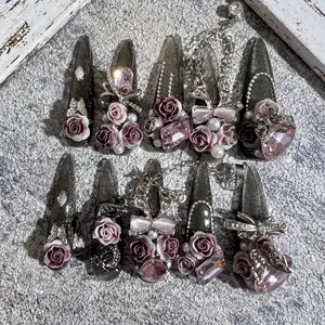 Pink Purple Roses Acrylic Handmade Luxury Press On Nails