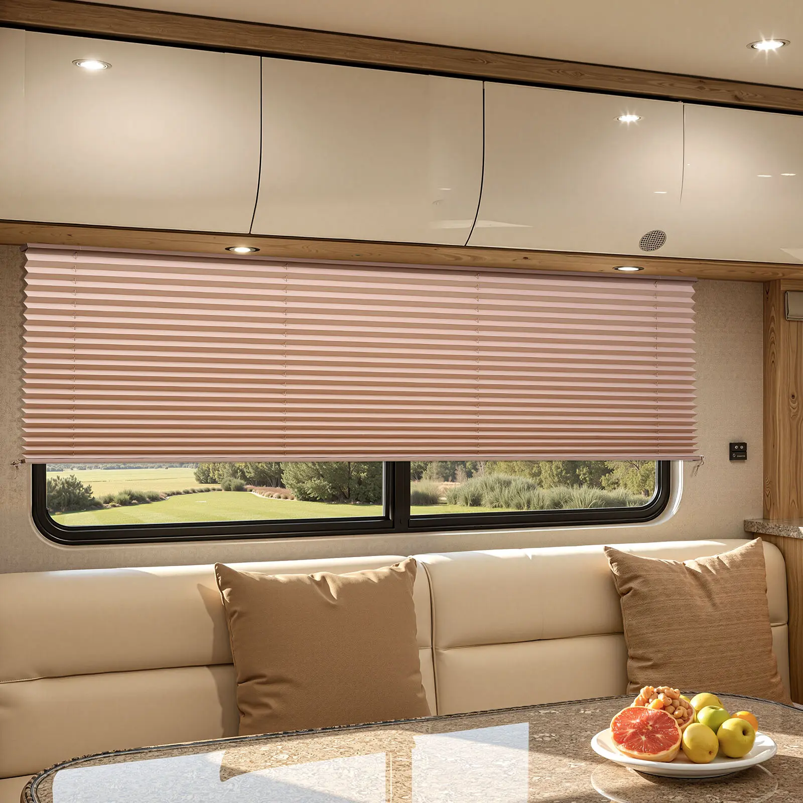 【SummerFinds】VEVOR No Drill Pleated Blinds, 62 in x 32 in Accordion Style Light Blocking Anti-Ultraviolet RV Blinds, Polyester Fabric, Easy to Clean & Install, Privacy Protection, for Camper, Motorhome Window, Cappuccino, No Drill Blinds