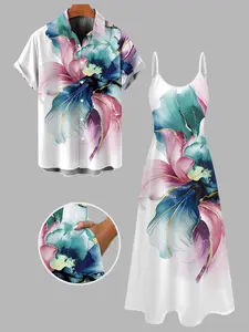 2026 Vacation Couple Outfit Women's Watercolor Floral Print With Gold Foil Accents Long Dress and Men's Short Sleeve Shirt Matching Set