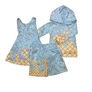 Game Day Matching Kids Clothes Ice Cream Blue Girls Dress & Kids Boys Hoodies Set