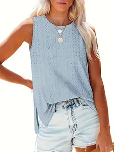 Seya Womens  Plain Basic Round Neck Tank Tops Sleeveless Eyelet Embroidery  Loose Fit Casual Summer Flowy Soft Sweater Vest, Casual Fitted Sleeveless Knit Top for Spring & Fall, Fashion Women's Knitwear for Daily Wear, Minimalist, Womenswear