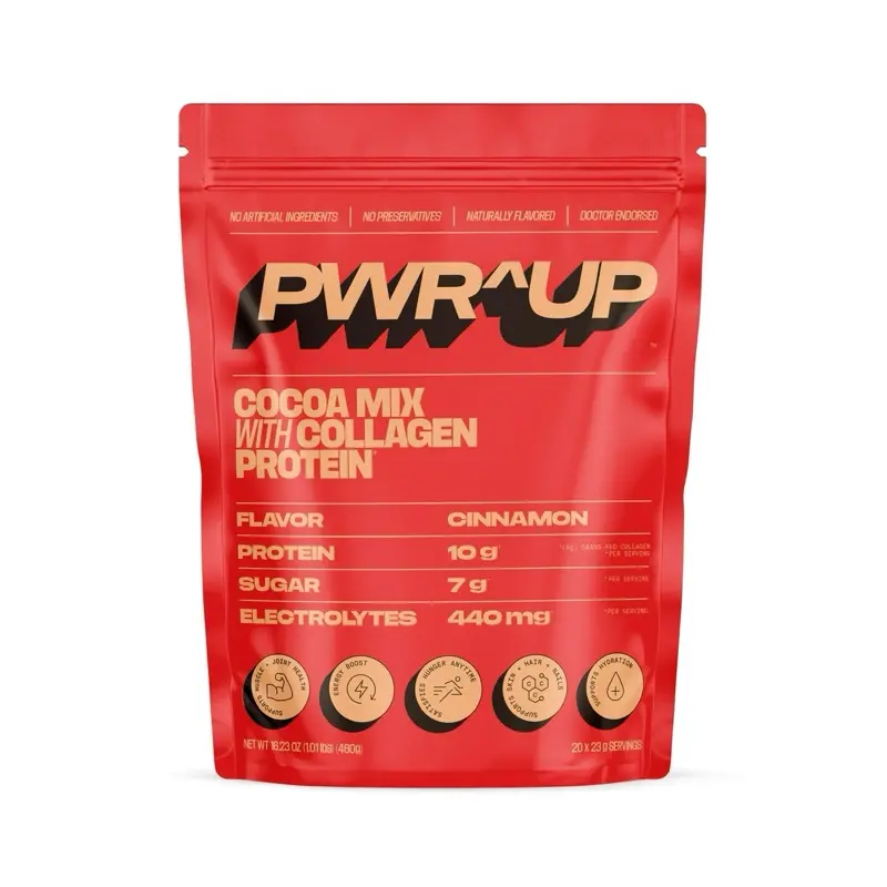 PWR^UP Cinnamon Chocolate Flavored Cocoa Mix with Collagen Protein 16.23 oz.  Ditch the sugary creamers, snacks and drinks. Chocolate treat and supports your body. Eat it right out of the bag, it's that's good.  Sprinkle It. Dip It. Blend It. Bake It. Dut