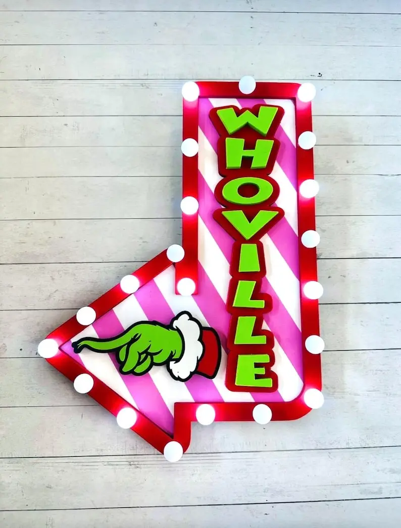 Whoville Marquee Sign | Grinch Hand Christmas Decor | Christmas Light sign | Grinchmas wreath attachment | Holiday green pink whimsical sign