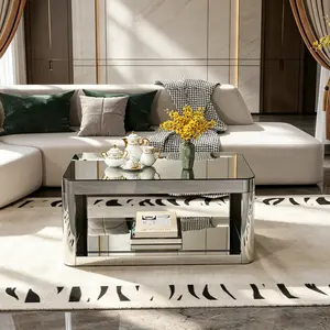 Modern Square Luxury Coffee Table with Tempered Glass Top and 2 Storage Spaces for Small Apartments and Living Rooms