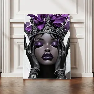 African American Canvas Wall Decor Art Posters Purple Fashion Black Art Print Woman Pictures with Crown African Queen Painting Home Decor Framed, Wooden Framed Wall Art, Wrapped Canvas Vintage Prints Poster Decoration Artistic Photo Ornaments