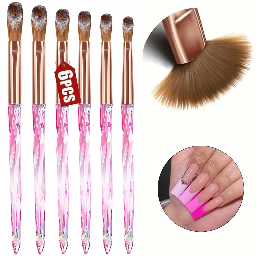 6-Piece Nail Brush Set, Nail Supplies, Pink Aurora Nail Pen Set, Nail Extension Brush, Diamond Rod Bristles Soft Yet Hard, Good Brush Feel, Designed for Manicurists & Beginners, Nail Art Brush
