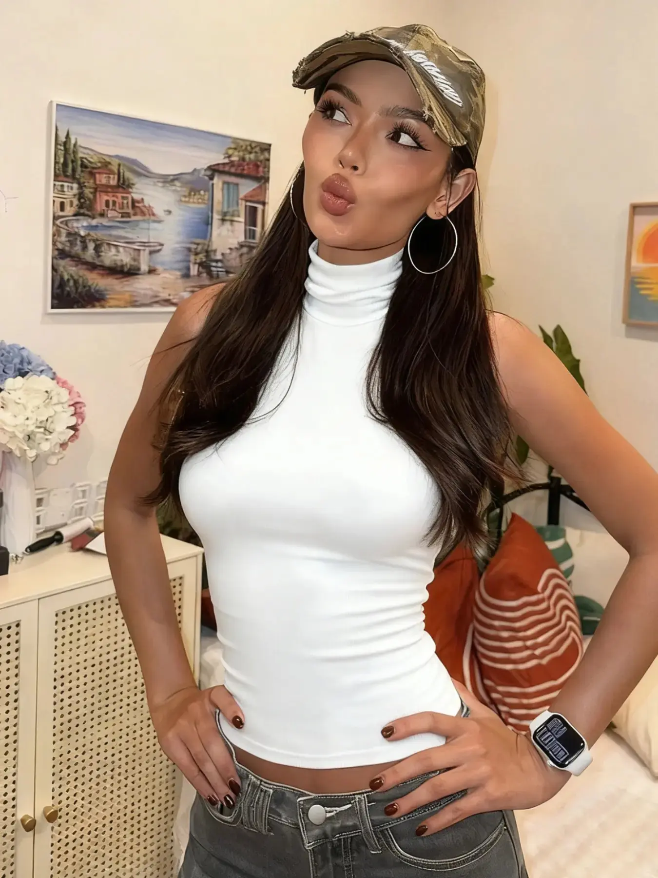 Women's Solid High Neck Turtleneck Cut Out Backless Tank Top, Sleeveless Hollow Slim Fit Crop Top, Casual Sleeveless Knit, Y2K Party Club